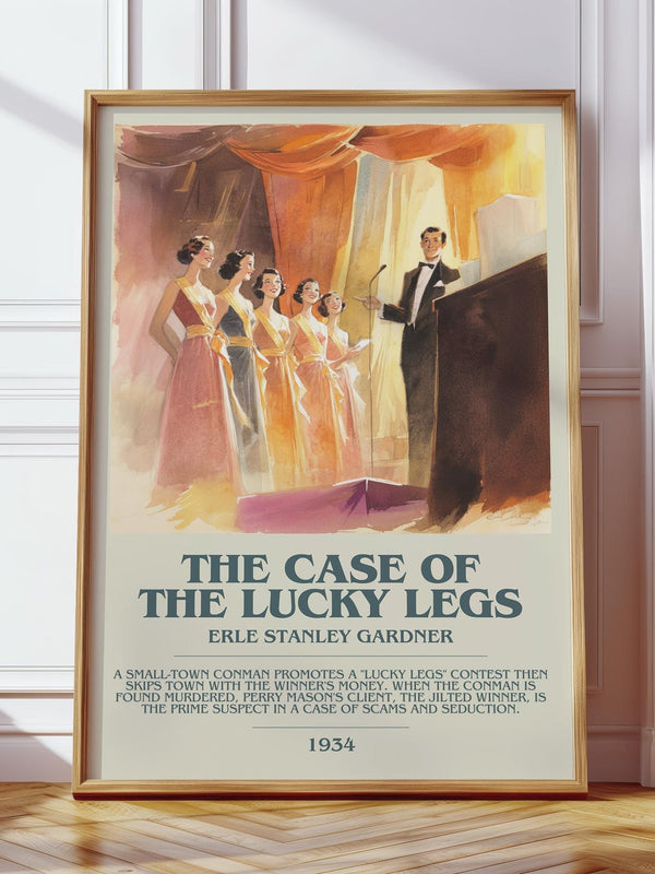 The Case of the Lucky Legs bookish print in frame leaning in hallway – mystery wall art