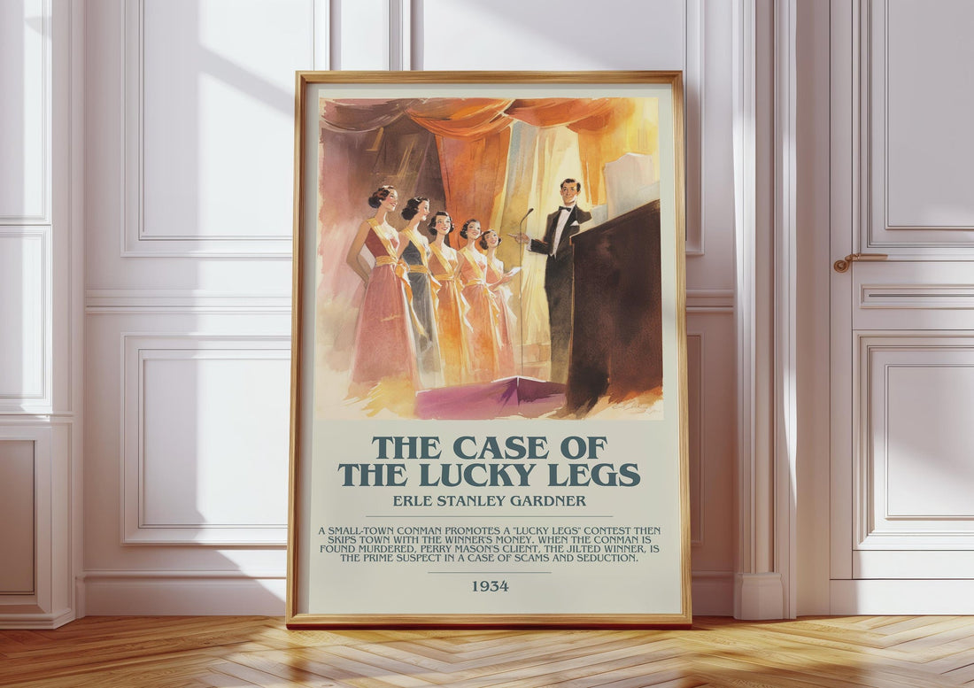 The Case of the Lucky Legs bookish print in frame leaning in hallway – mystery wall art (mockup)