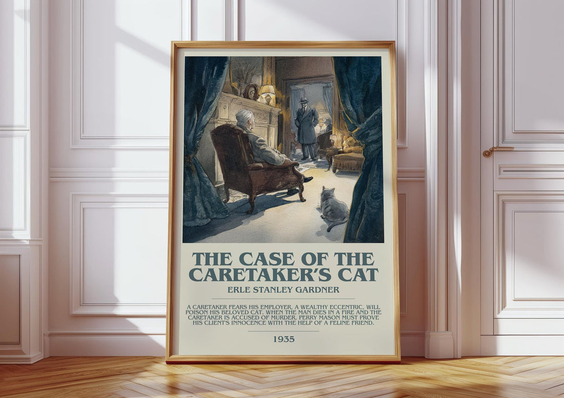 The Case of the Caretaker's Cat bookish print in frame leaning in hallway – mystery wall art (mockup)