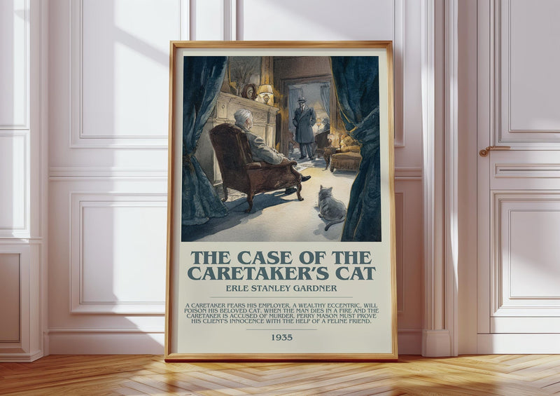 The Case of the Caretaker's Cat bookish print in frame leaning in hallway – mystery wall art