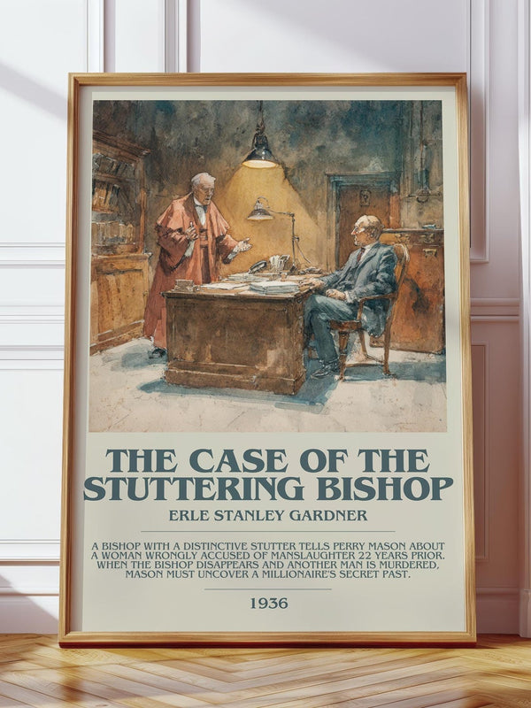 The Case of the Stuttering Bishop bookish print in frame leaning in hallway – mystery wall art