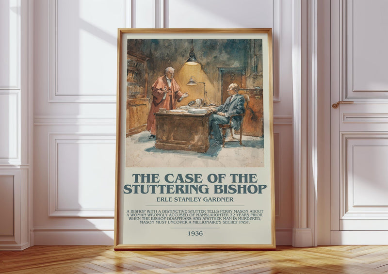 The Case of the Stuttering Bishop bookish print in frame leaning in hallway – mystery wall art