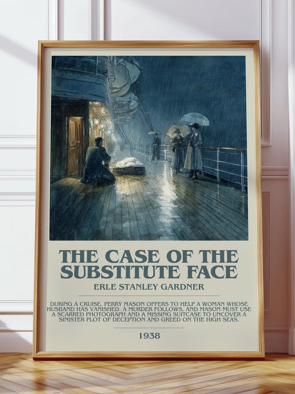 The Case of the Substitute Face bookish print in frame leaning in hallway – mystery wall art