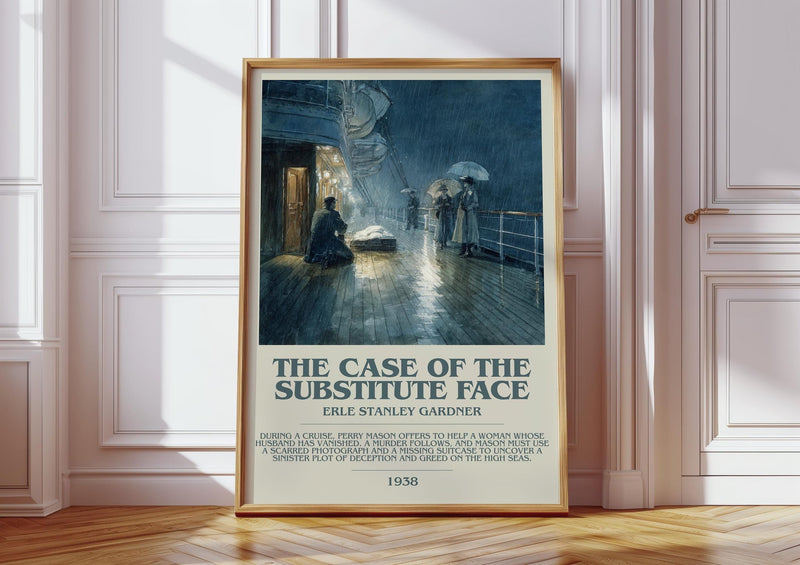 The Case of the Substitute Face bookish print in frame leaning in hallway – mystery wall art