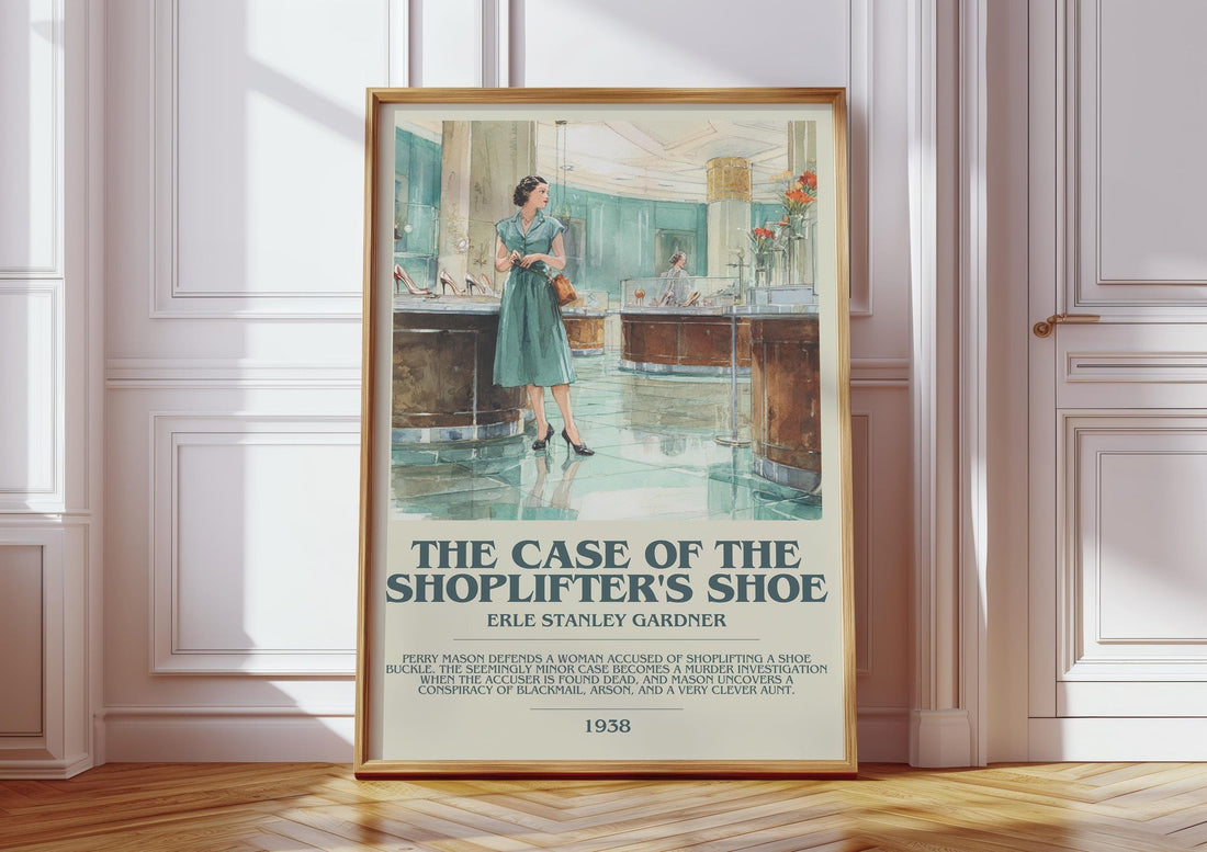 The Case of the Shoplifter's Shoe bookish print in frame leaning in hallway – mystery wall art (mockup)