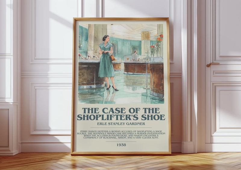 The Case of the Shoplifter's Shoe bookish print in frame leaning in hallway – mystery wall art