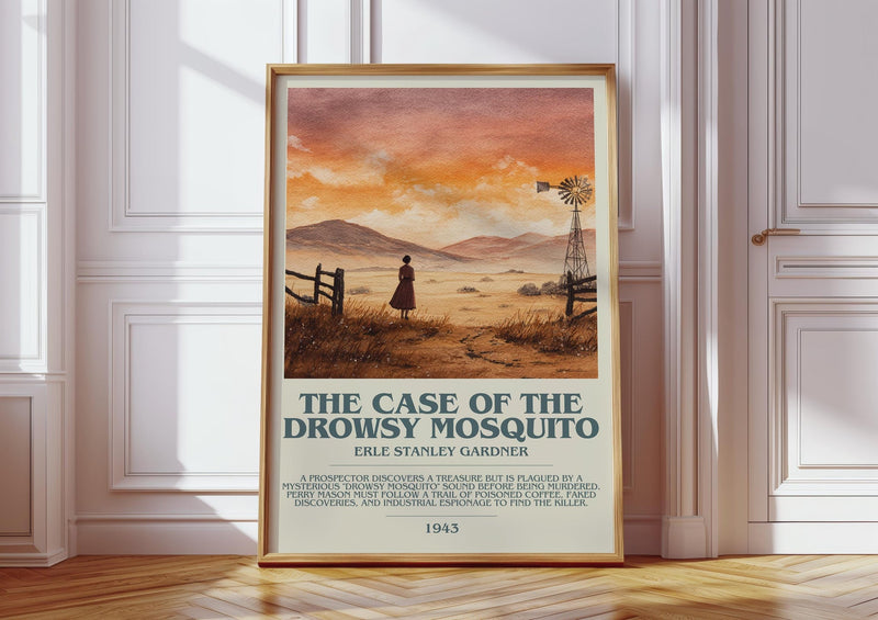 The Case of the Drowsy Mosquito bookish print in frame leaning in hallway – mystery wall art