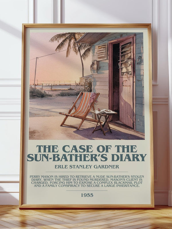 The Case of the Sun Bather's Diary bookish print in frame leaning in hallway – mystery wall art