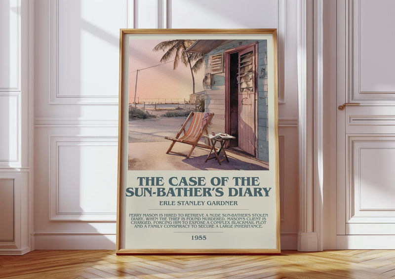 The Case of the Sun Bather's Diary bookish print in frame leaning in hallway – mystery wall art