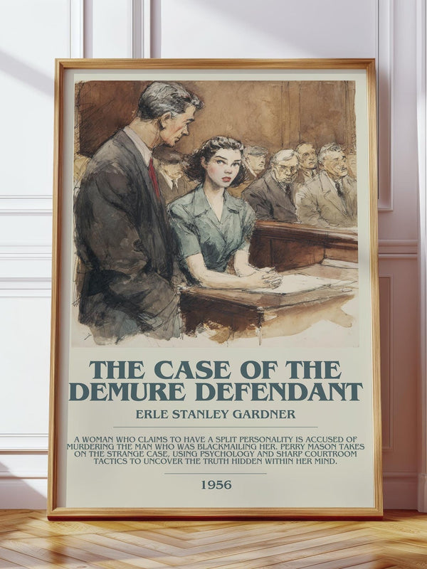 The Case of the Demure Defendant bookish print in frame leaning in hallway – mystery wall art