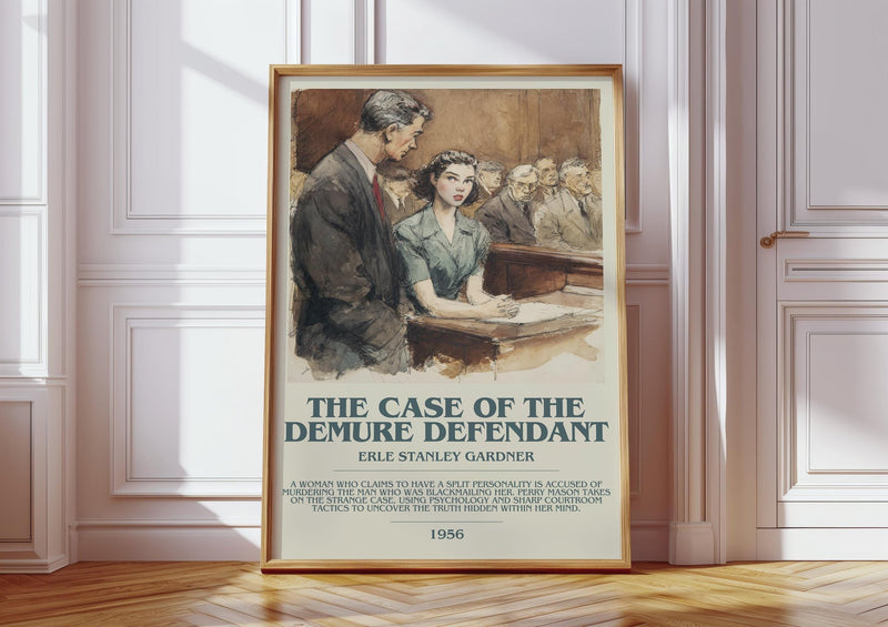 The Case of the Demure Defendant bookish print in frame leaning in hallway – mystery wall art
