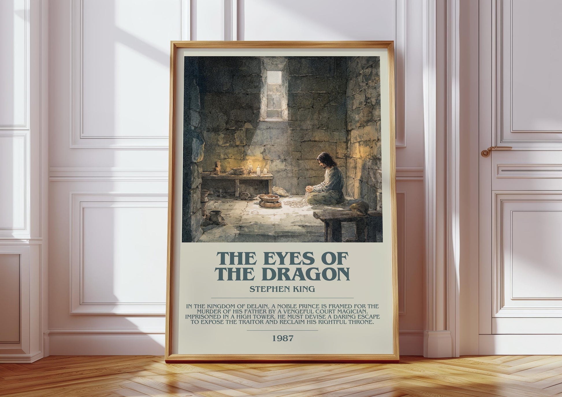 The Eyes Of The Dragon bookish print in frame leaning in hallway – fantasy wall art