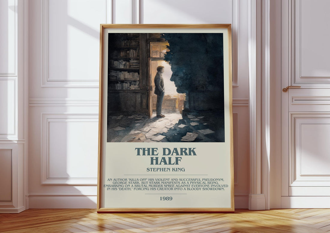 The Dark Half bookish print in frame leaning in hallway – horror wall art (mockup)