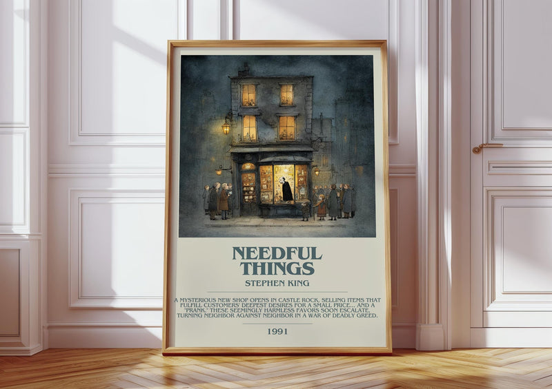 Needful Things bookish print in frame leaning in hallway – horror wall art