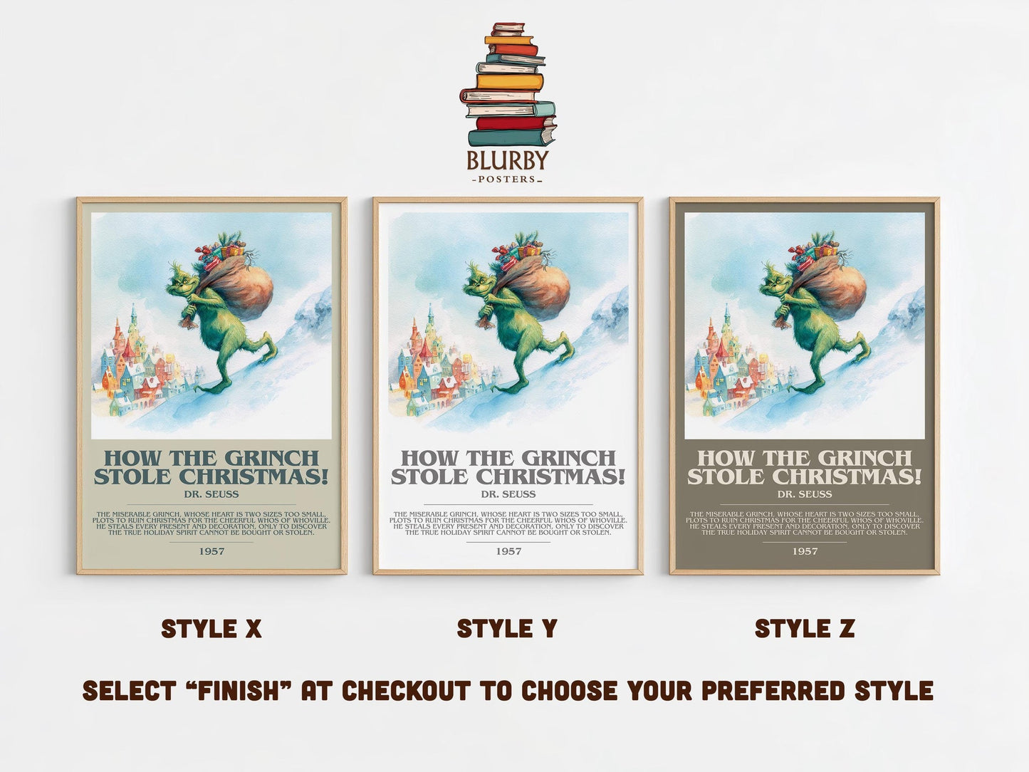 How the Grinch Stole Christmas bookish poster colour and style options – Dr. Seuss book art