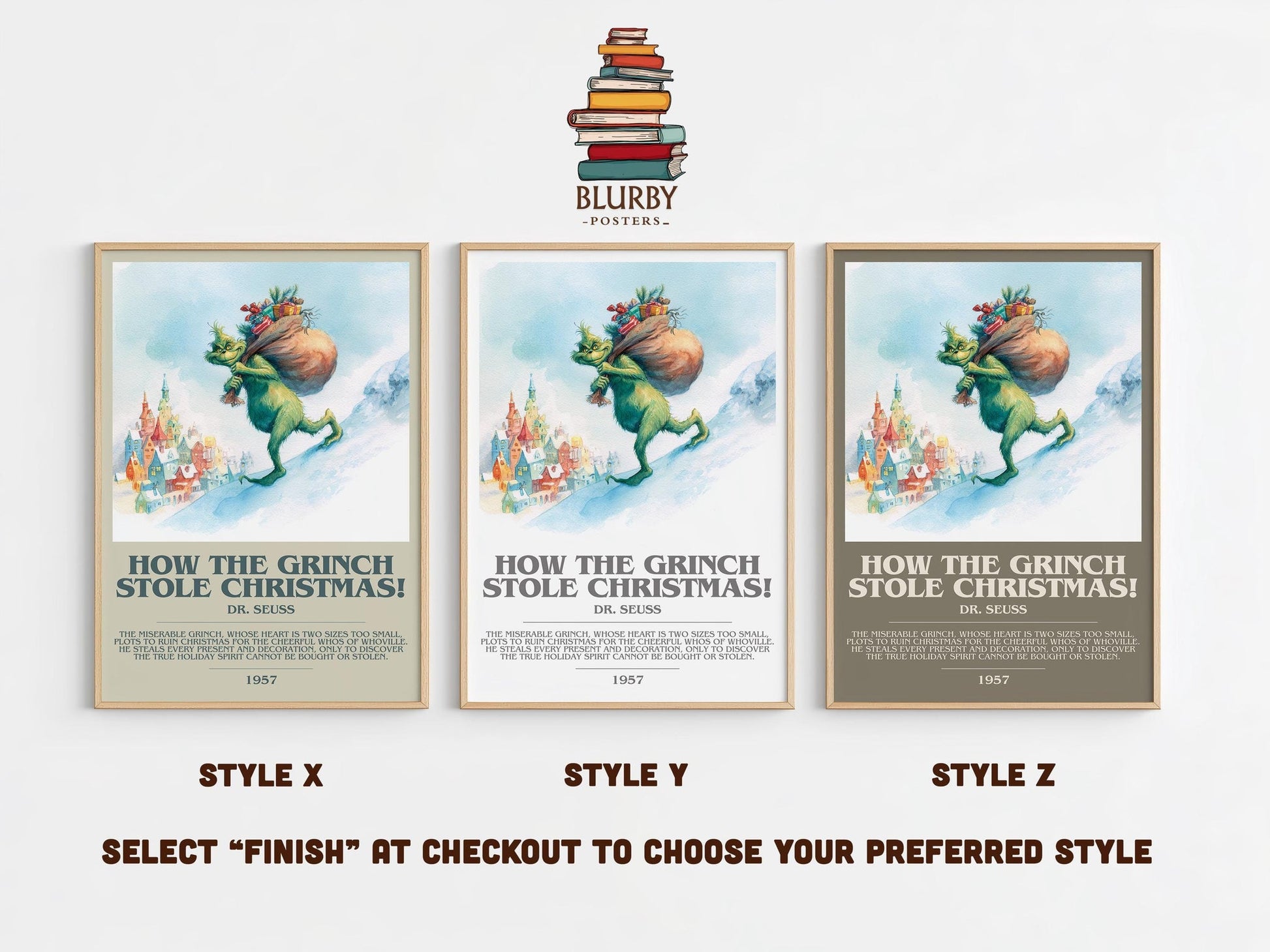 How the Grinch Stole Christmas bookish poster colour and style options – Dr. Seuss book art