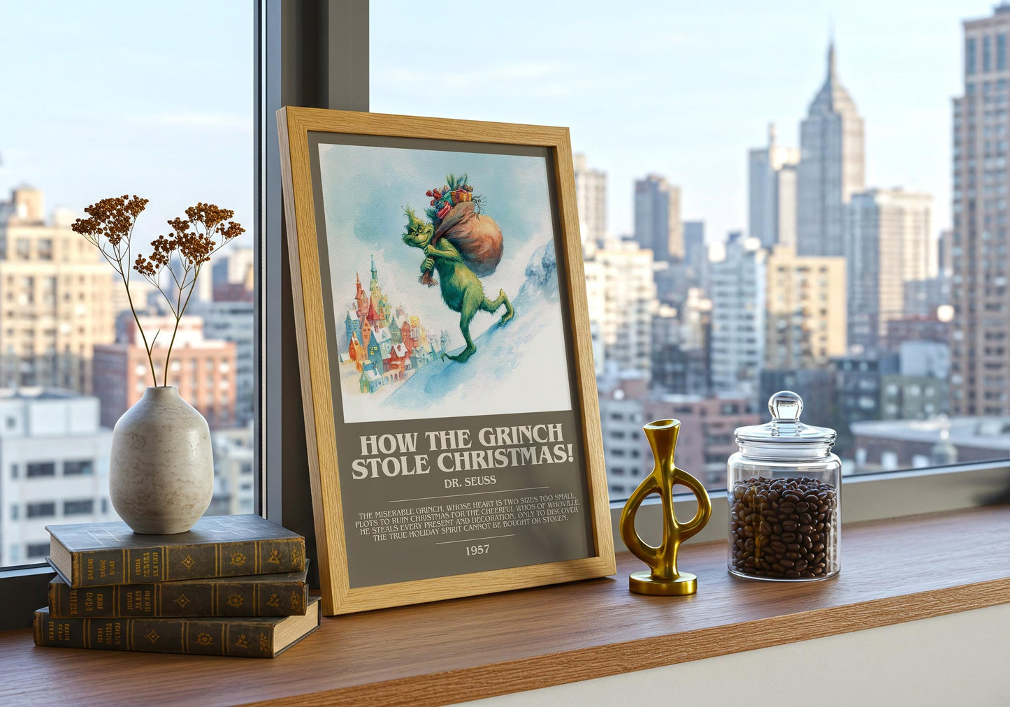 How the Grinch Stole Christmas bookish book poster framed on wall – childrens wall art