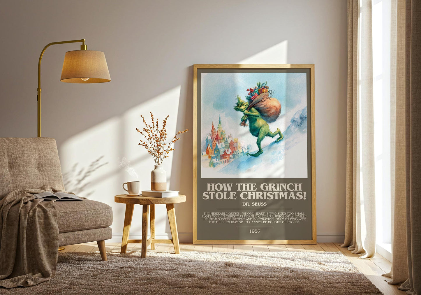 How the Grinch Stole Christmas bookish print on bookshelf – Dr. Seuss fan gift