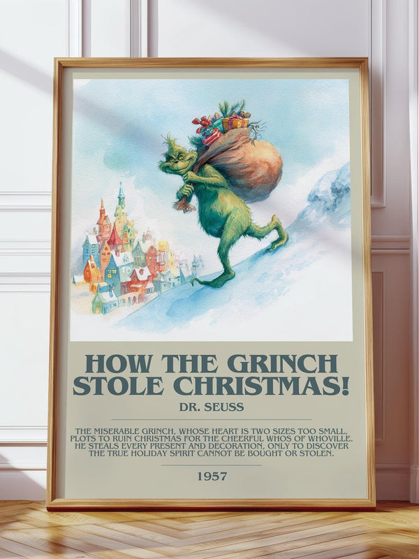 How the Grinch Stole Christmas bookish print in frame leaning in hallway – childrens wall art