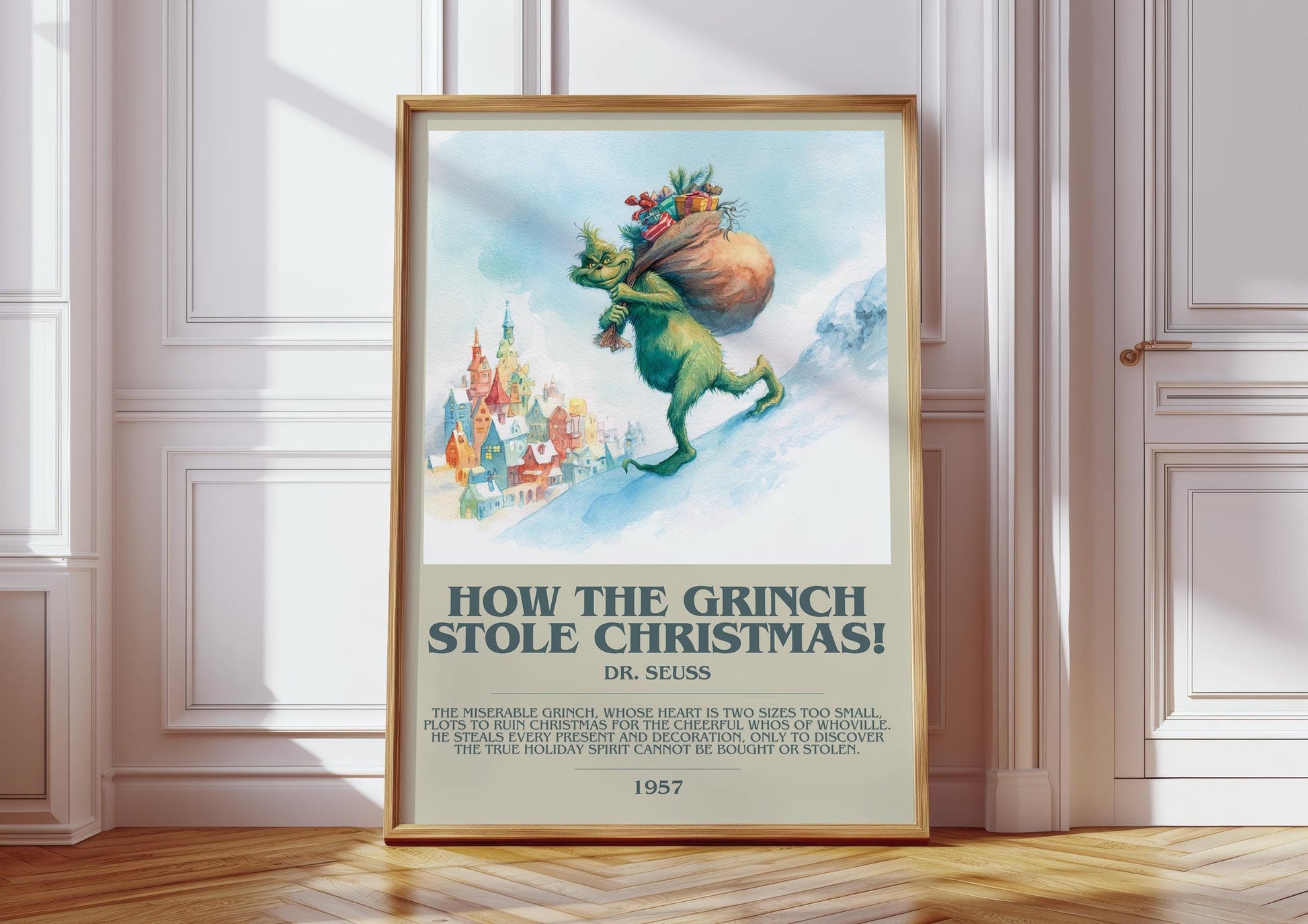 How the Grinch Stole Christmas bookish print in frame leaning in hallway – childrens wall art