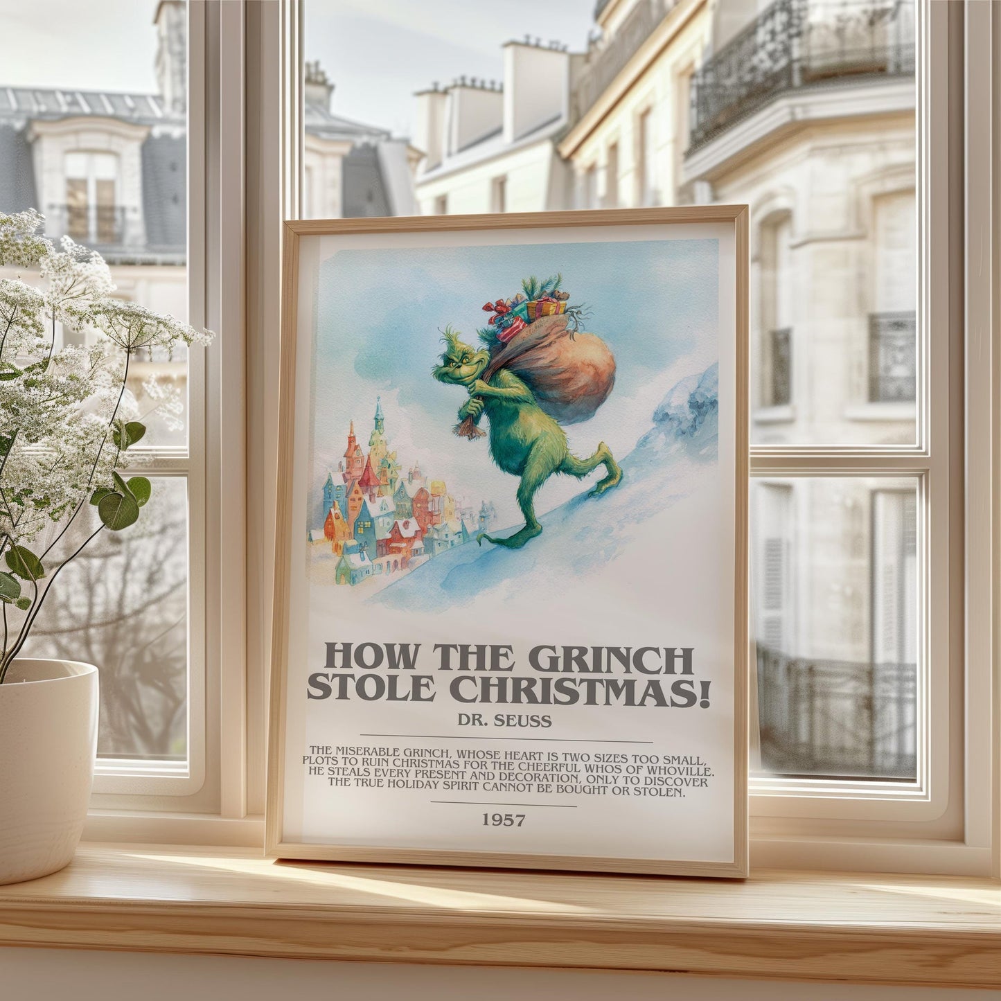 How the Grinch Stole Christmas bookish print framed by window – literary home decor