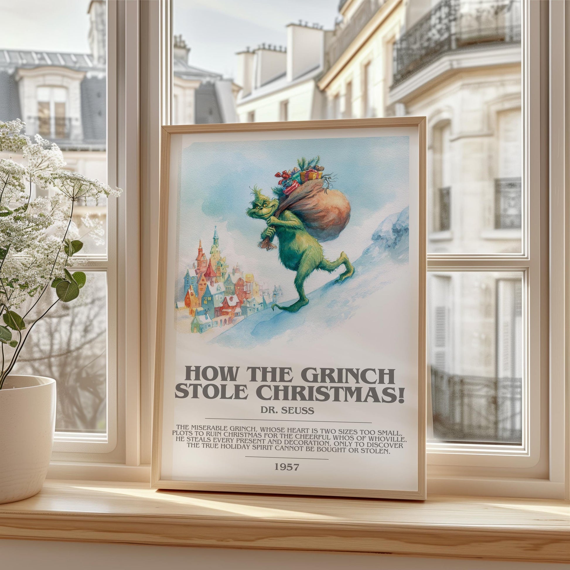 How the Grinch Stole Christmas bookish print framed by window – literary home decor