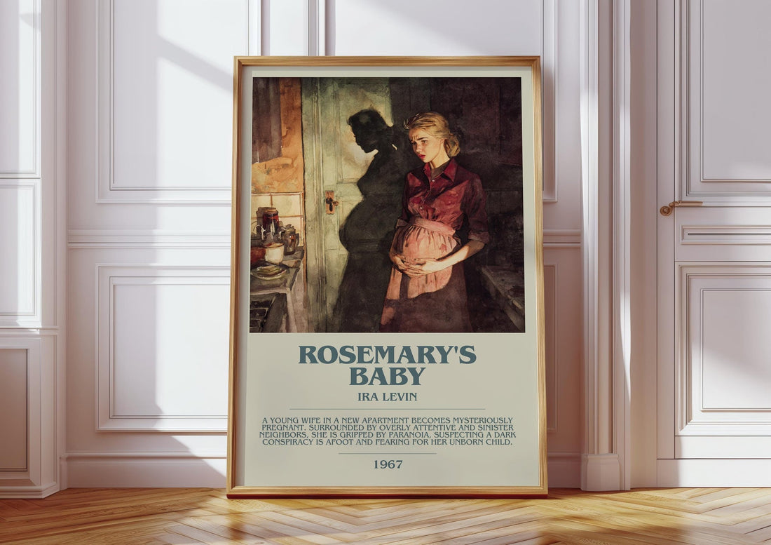 Rosemary's Baby bookish print in frame leaning in hallway – crime wall art (mockup)