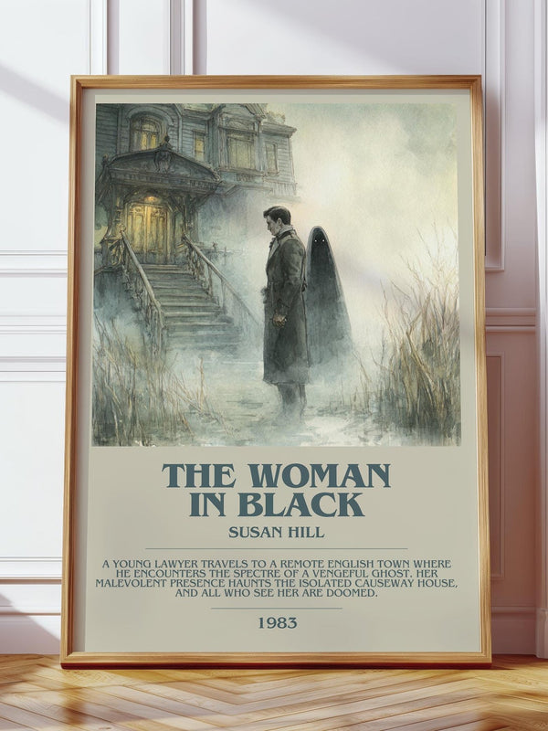 The Woman in Black bookish print in frame leaning in hallway – gothic wall art