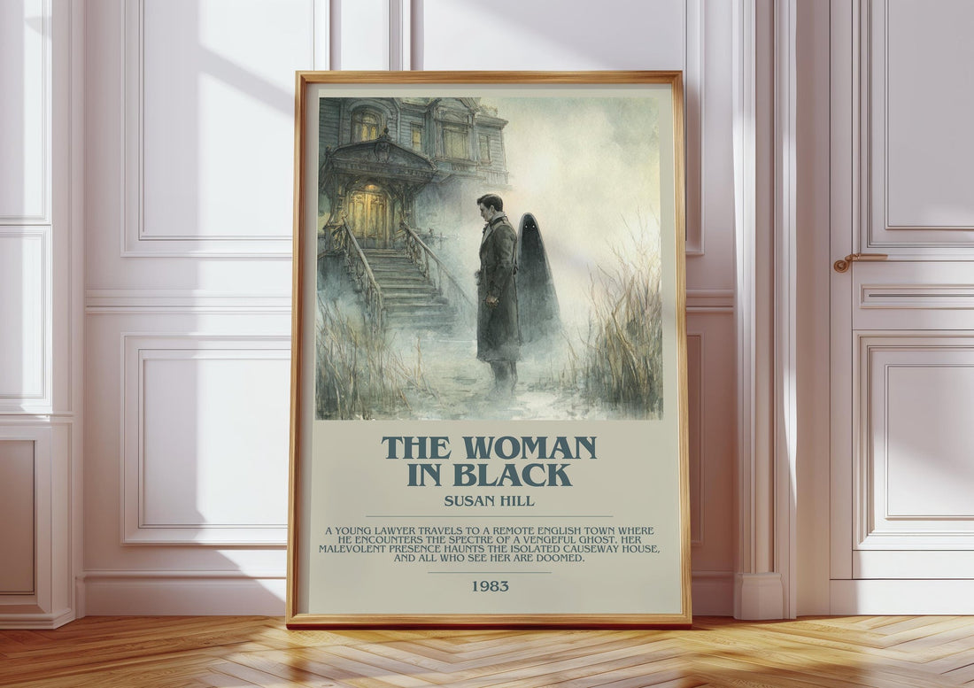 The Woman in Black bookish print in frame leaning in hallway – gothic wall art (mockup)