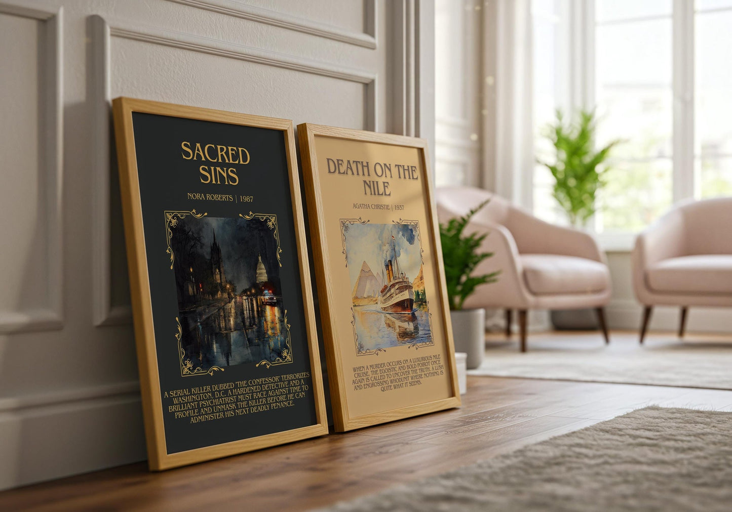 Sacred Sins minimalist book poster framed on wall – thriller wall art