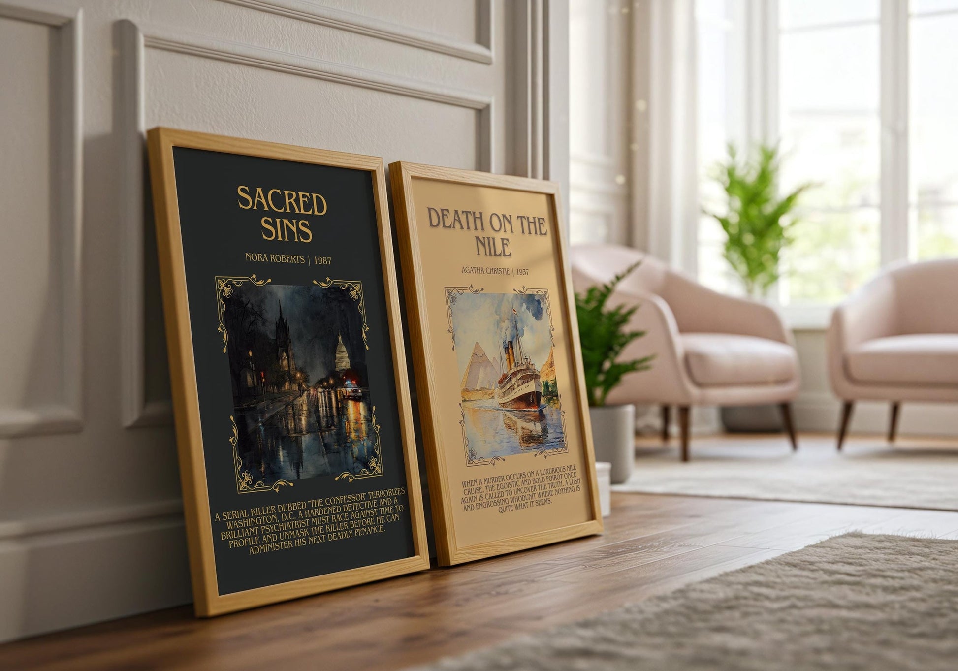 Sacred Sins minimalist book poster framed on wall – thriller wall art