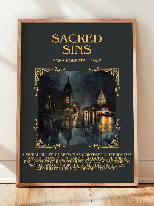 Sacred Sins minimalist print in frame leaning in hallway – thriller wall art