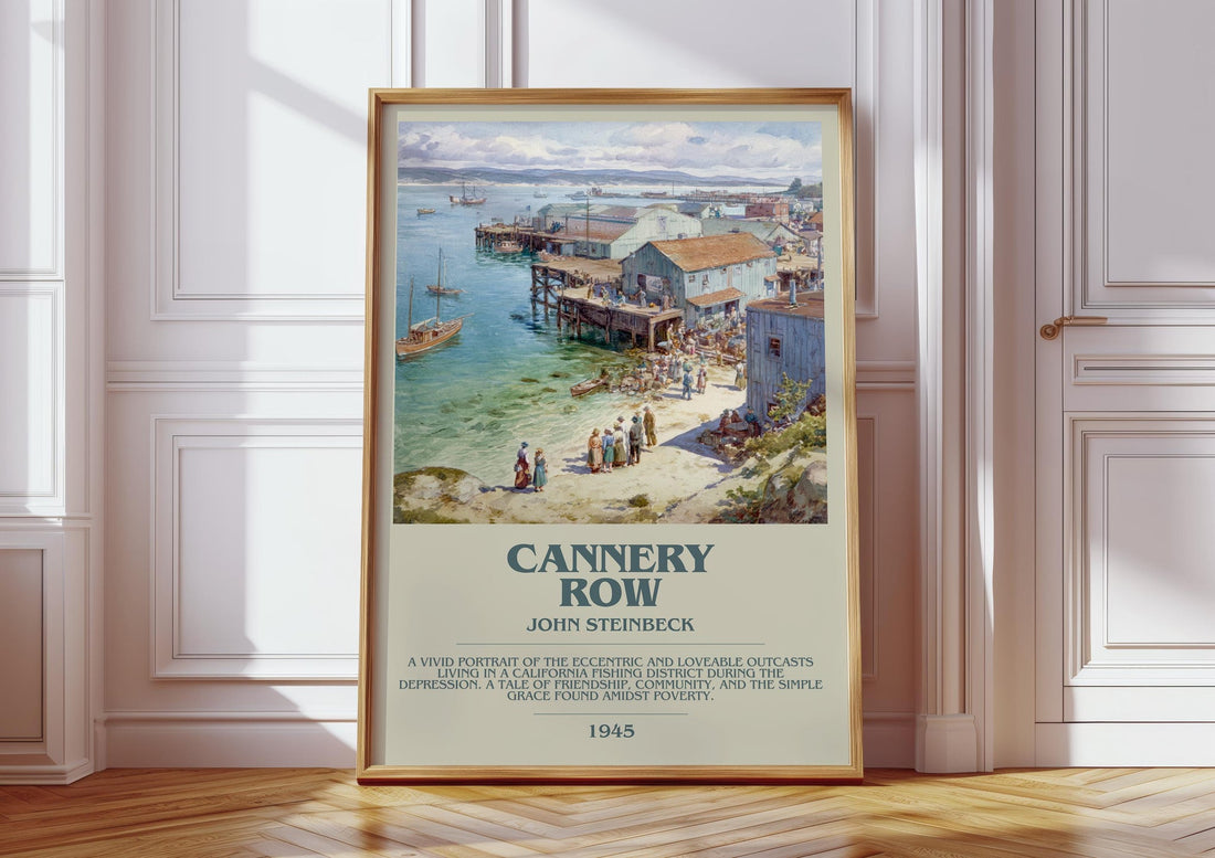 Cannery Row bookish print in frame leaning in hallway – literary fiction wall art (mockup)