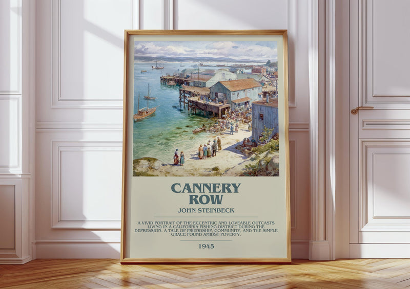 Cannery Row bookish print in frame leaning in hallway – literary fiction wall art
