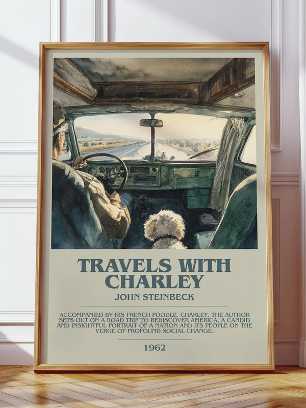 Travels with Charley bookish print in frame leaning in hallway – historical fiction wall art