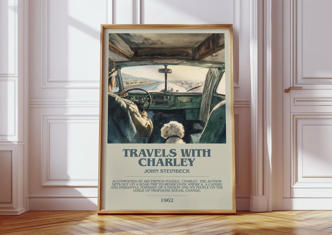Travels with Charley bookish print in frame leaning in hallway – historical fiction wall art (mockup)