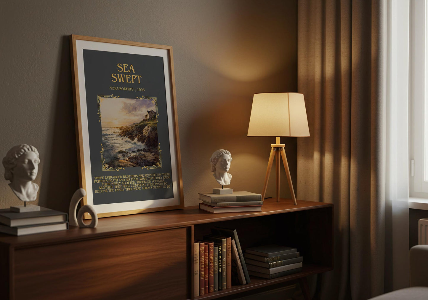 Born in Fire minimalist print on bookshelf – Nora Roberts fan gift