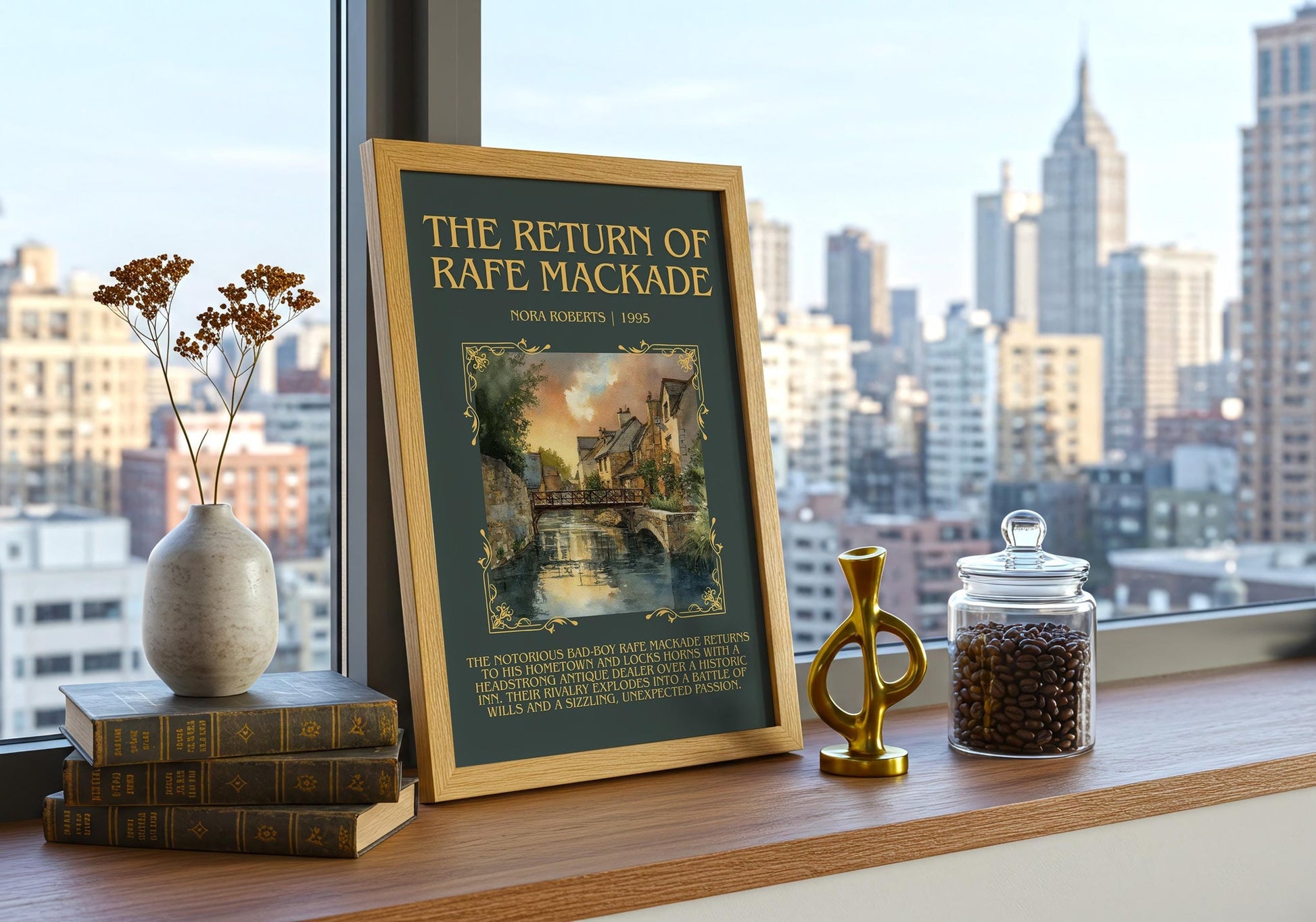 The Return of Rafe MacKade minimalist print framed by window – literary home decor