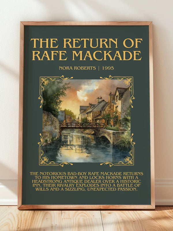 The Return of Rafe MacKade minimalist print in frame leaning in hallway – romance wall art