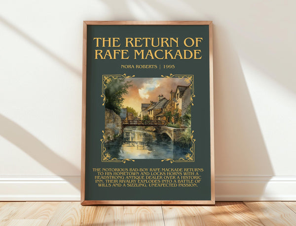 The Return of Rafe MacKade minimalist print in frame leaning in hallway – romance wall art