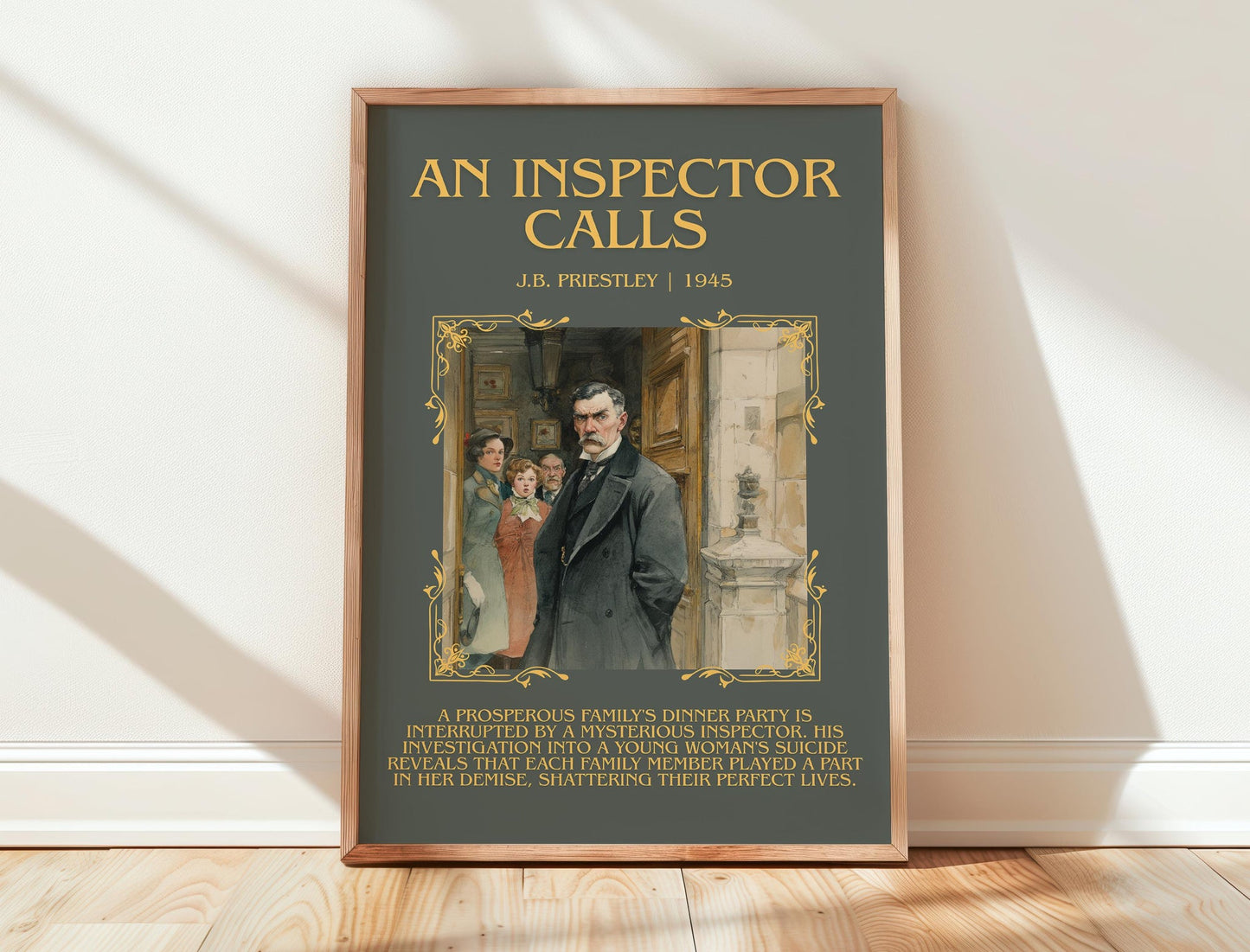 An Inspector Calls minimalist print in frame leaning in hallway – classic literature wall art