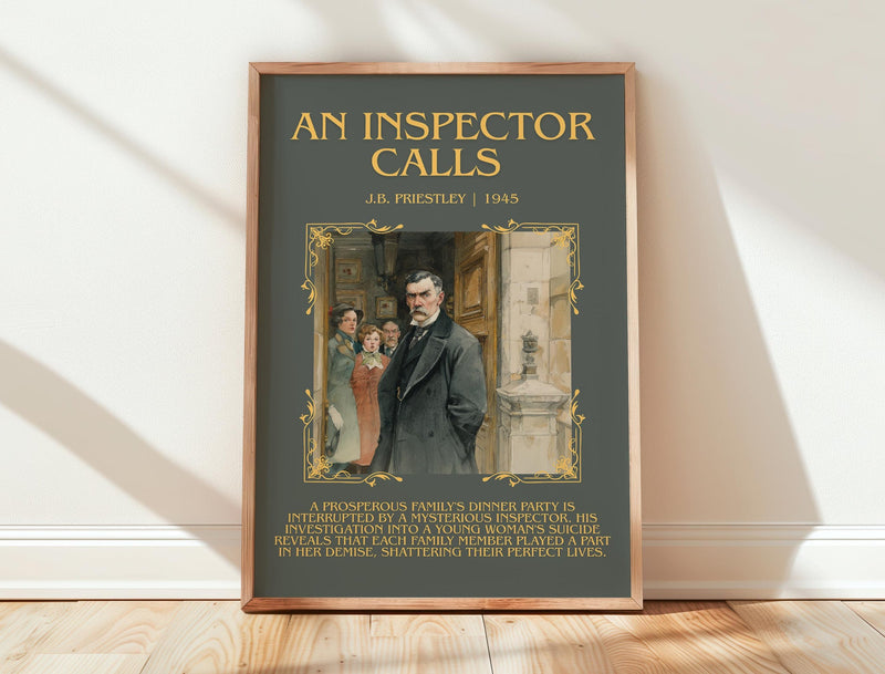 An Inspector Calls minimalist print in frame leaning in hallway – classic literature wall art