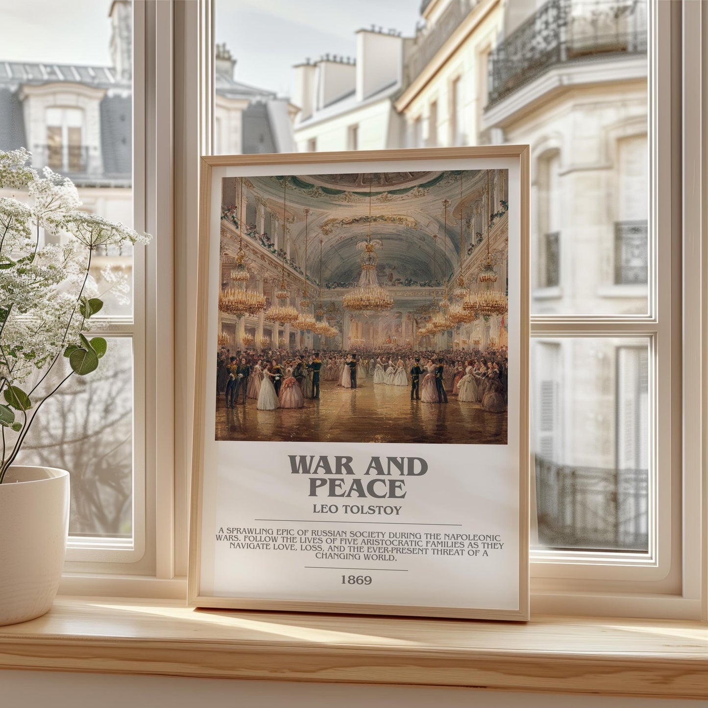 War and Peace bookish print framed by window – literary home decor