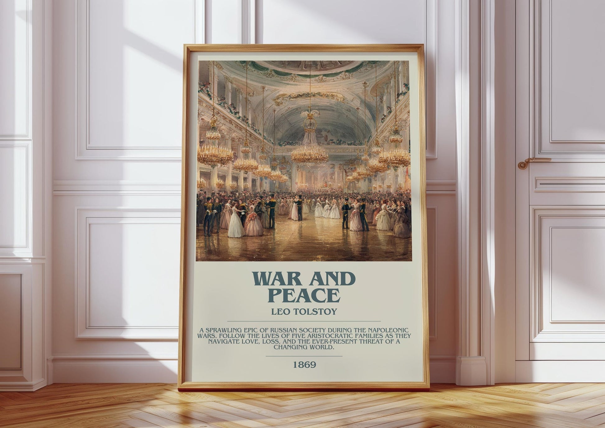 War and Peace bookish print in frame leaning in hallway – historical fiction wall art