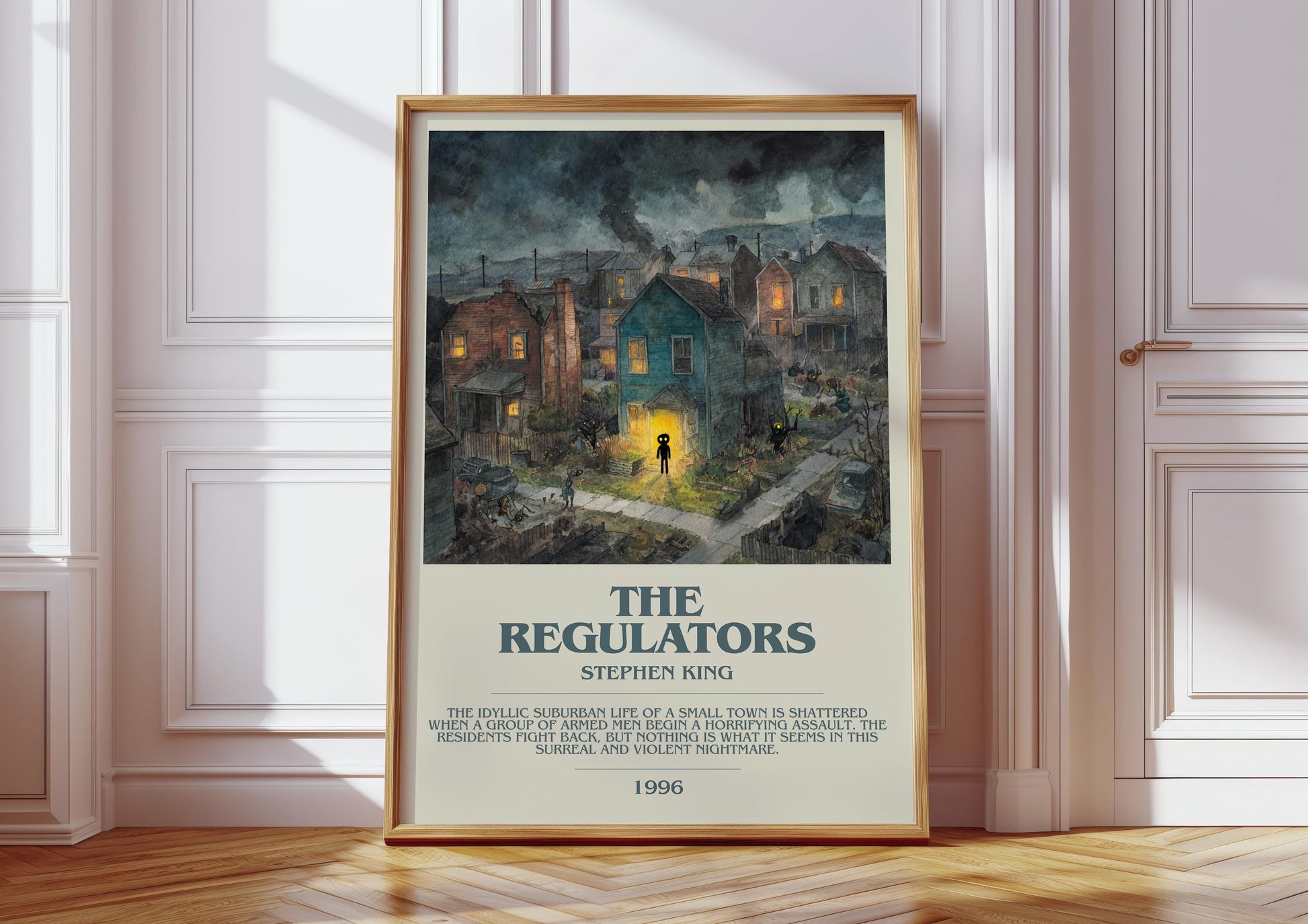 The Regulators bookish print in frame leaning in hallway – horror wall art