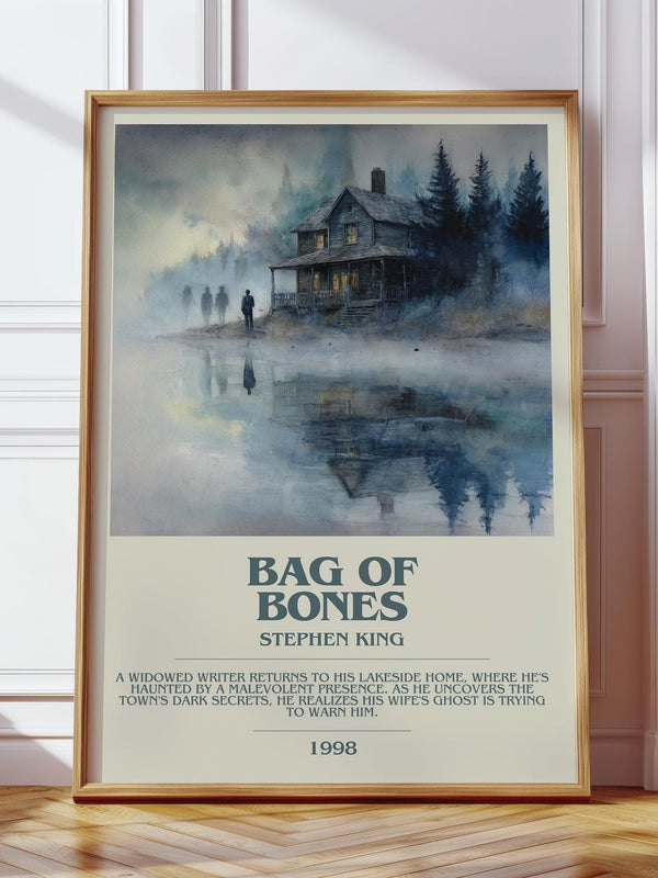 Bag of Bones bookish print in frame leaning in hallway – horror wall art