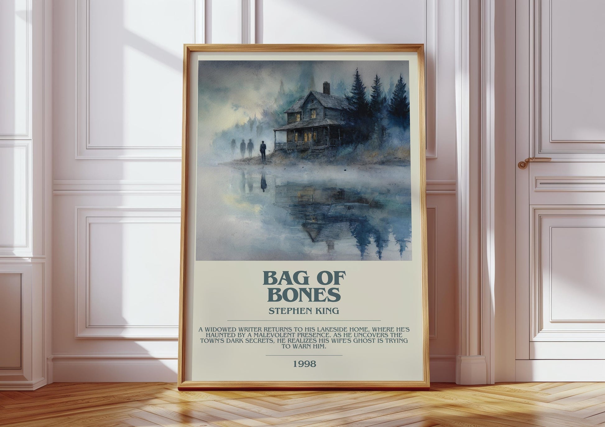 Bag of Bones bookish print in frame leaning in hallway – horror wall art