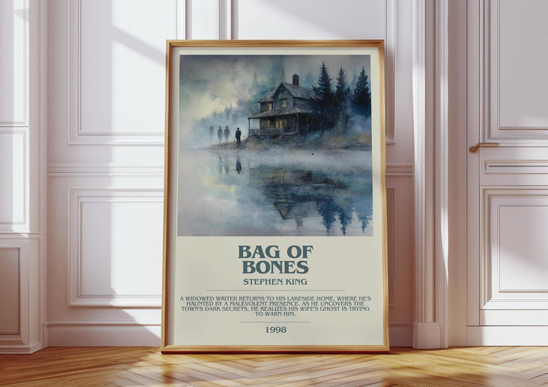 Bag of Bones bookish print in frame leaning in hallway – horror wall art