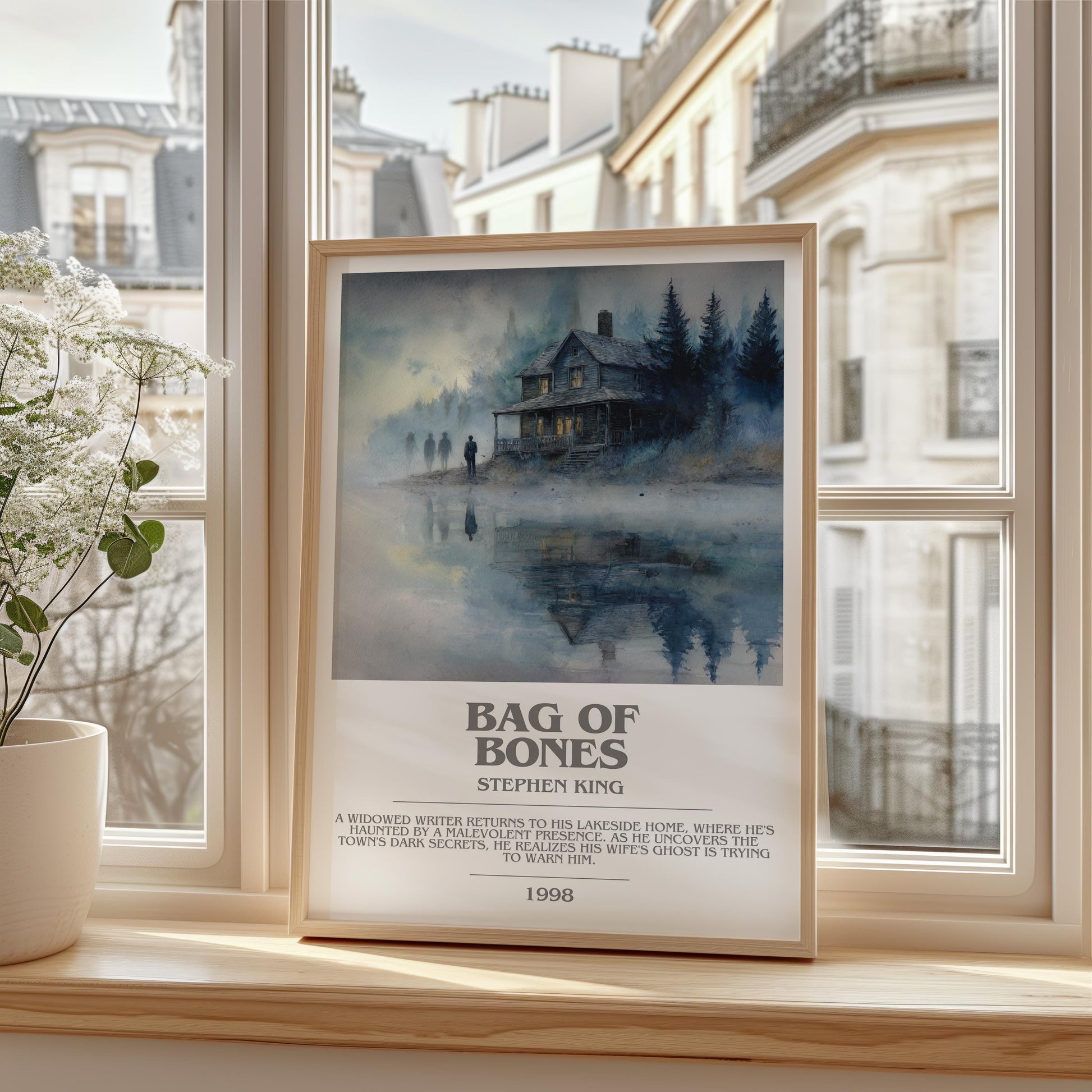 Bag of Bones bookish print framed by window – literary home decor