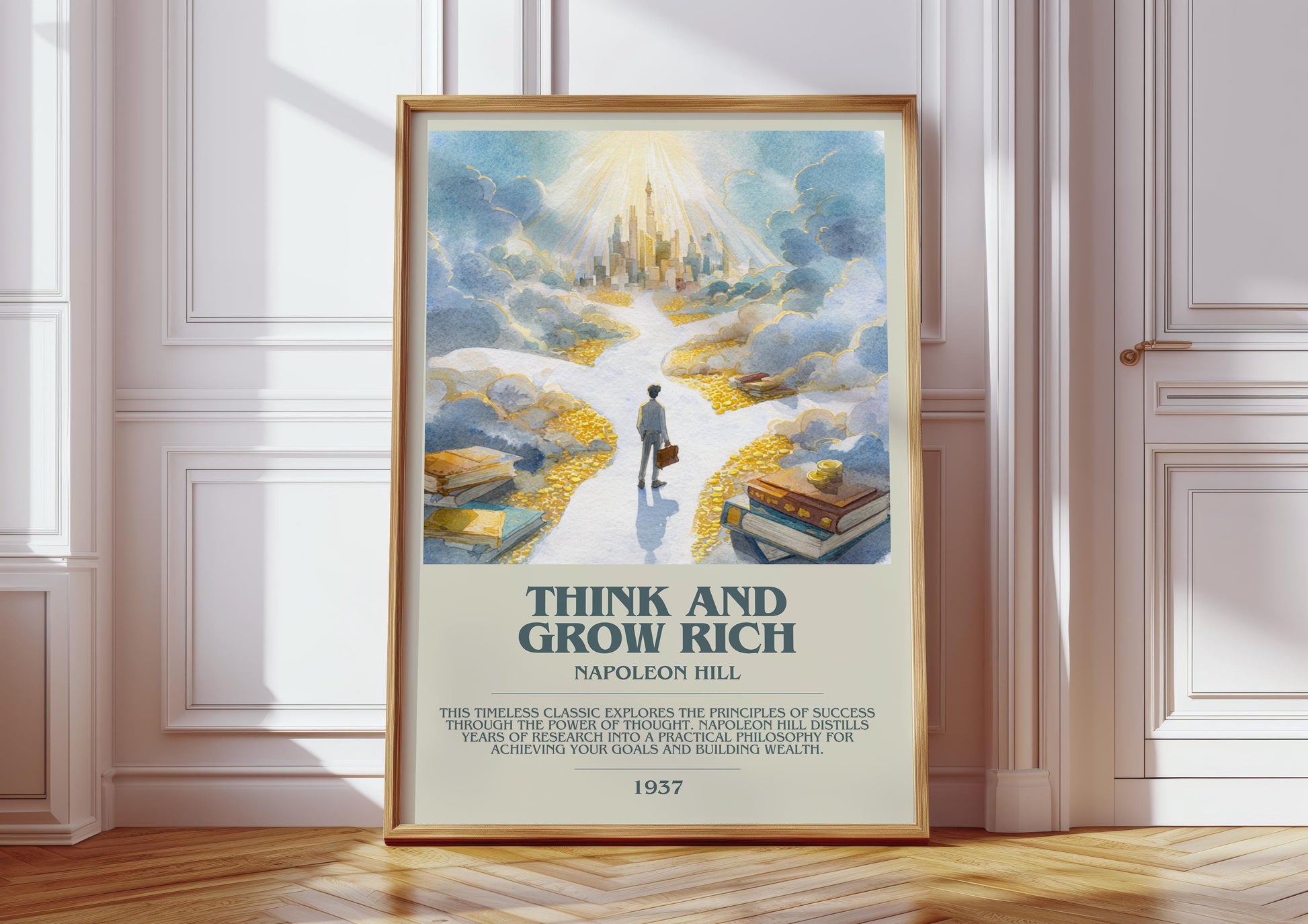 Think and Grow Rich bookish print in frame leaning in hallway – non fiction wall art